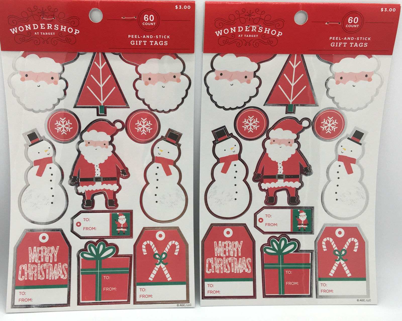 Christmas Wrap Gift Tags - Peel & Stick Santa & Friend 2 Package Of 60=120 Tags