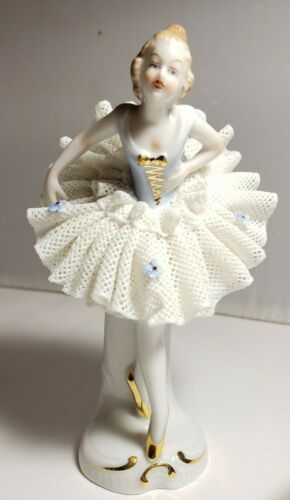 Dresden Lace Ballerina Figurine 5" Euc Blue Flowers White Tutu Porcelain
