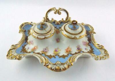 Antique Crown Dresden Porcelain Double Inkwell Stand With Ink Wells As Is