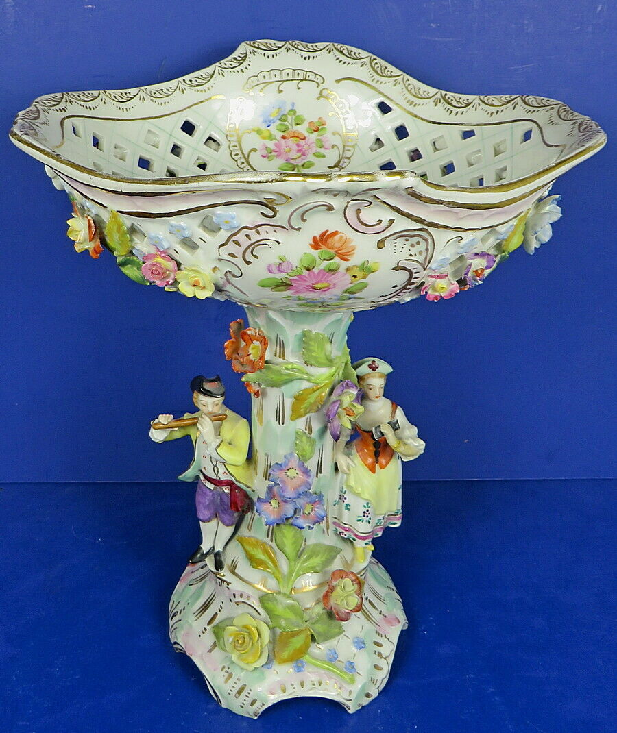 Antique German Carl Thieme Dresden Reticulated Porcelain Compote