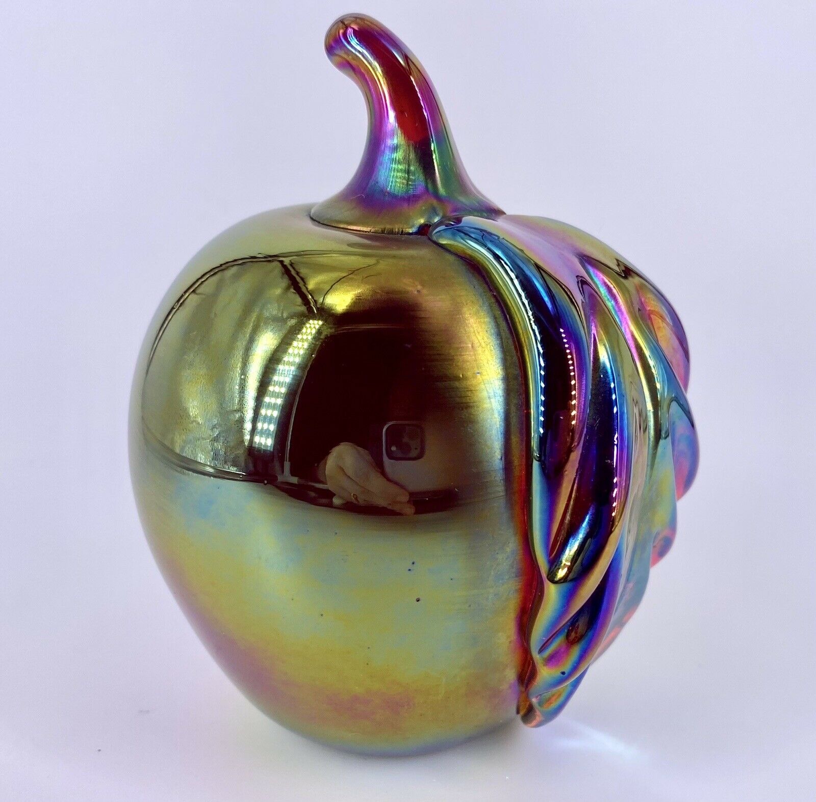 Vintage Gibson Art Glass Apple Paperweight Iridescent Carnival Glass 4" Signed