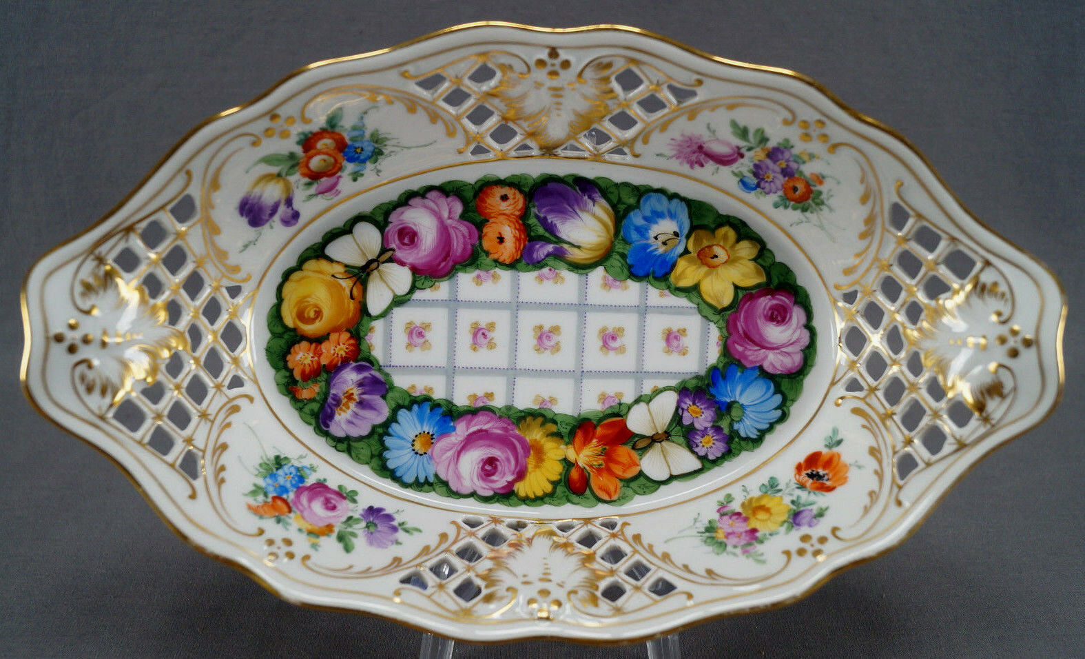 Donath Dresden Hand Painted Floral Butterfly & Gold Reticulated Basket C. 1900