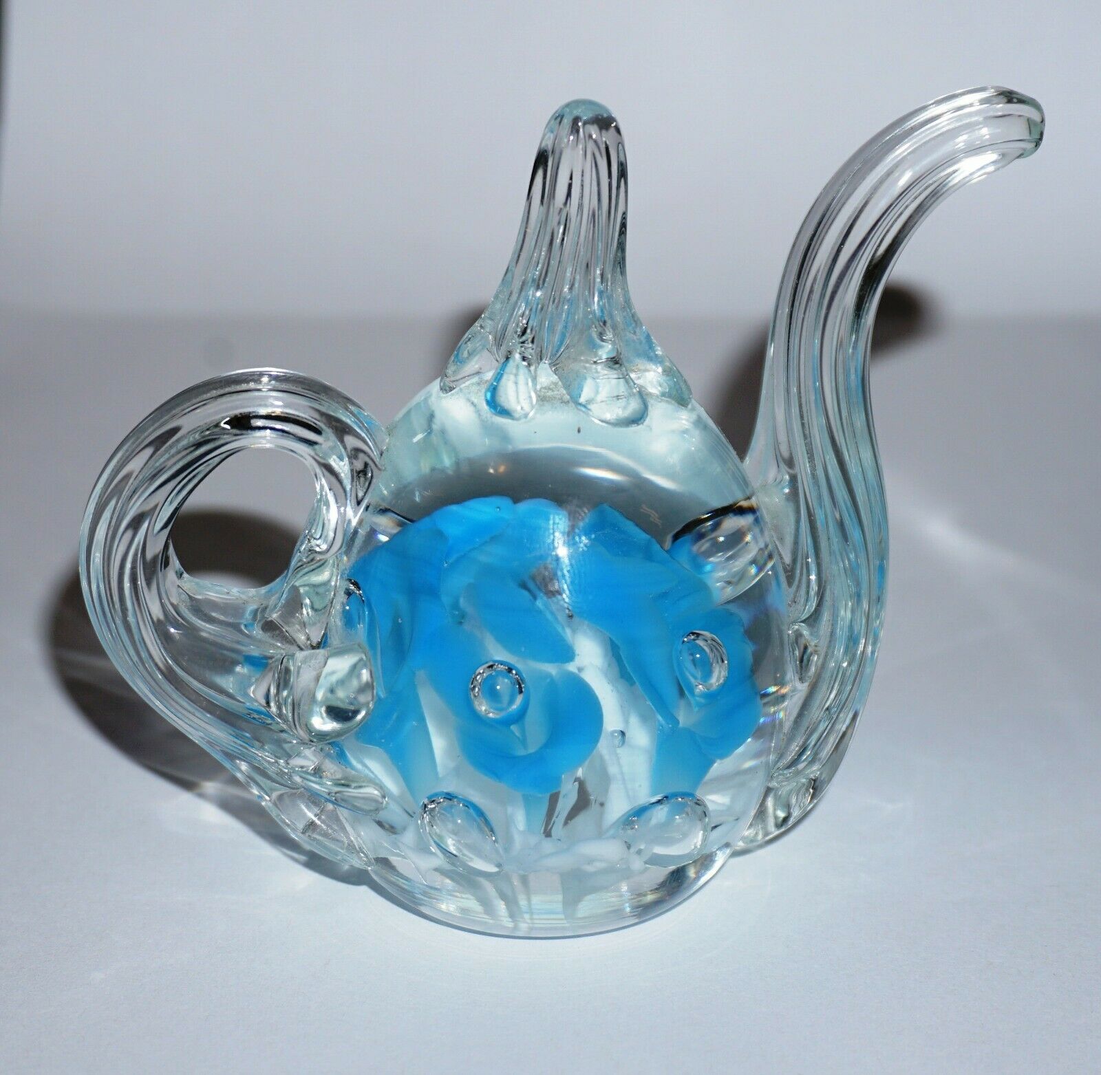 Vintage Gibson Art Glass 1989 Blue Teapot Paperweight Ring Holder Excellent !!